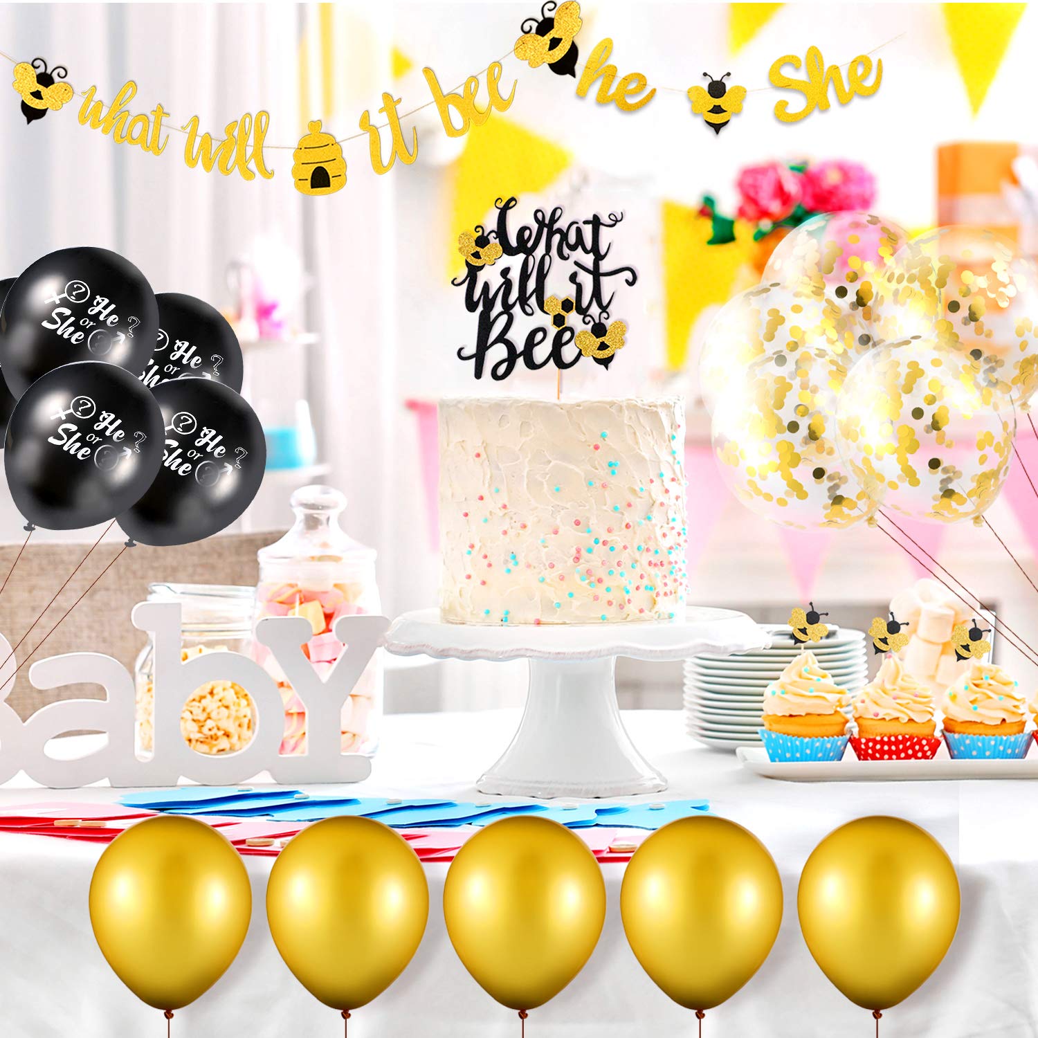 23 Pieces Gender Reveal Party Decorations Set What Will It Bee Banner He Or She Banner Confetti Latex Balloons And Bee Cake Topper For Party Supplies Party Packs Toys Games General Logistic Ba