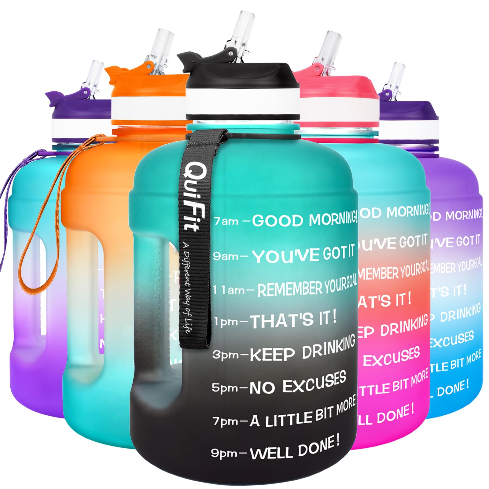 QuiFit 2.2 Litre Motivational Water Bottle - with Straw & Time Marker,Wide Mouth,BPA Free,Reusable,Ideal for Gym,Outdoor Sport,Home & Office (Green-Black, 2.2 Liter)