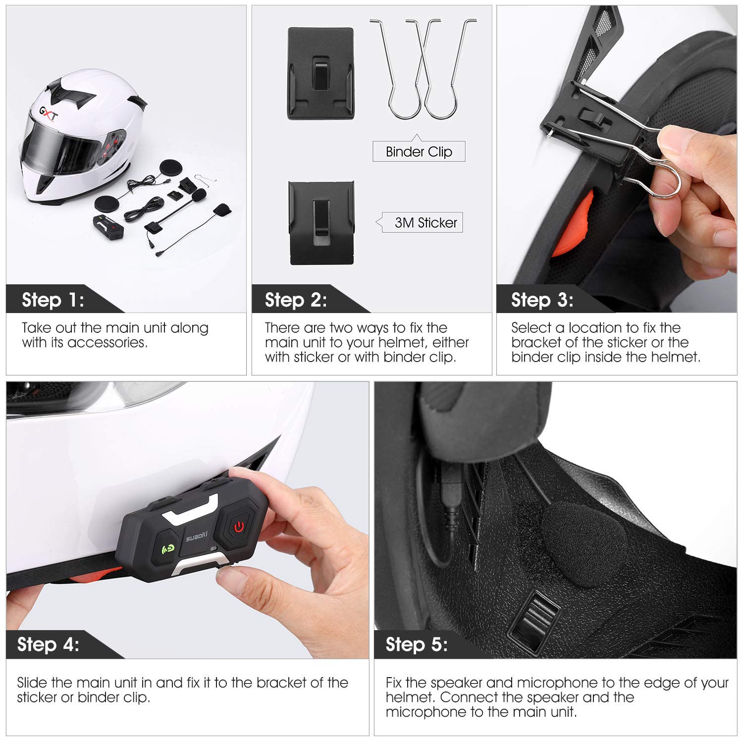 Comunicazione da 1200m tra 3 Motociclisti SUAOKI Cuffie Interfono Bluetooth  Impermeabile Intercom Stereo Microfono per Casco Include 2 Cuffie 4  Microfoni Compatipile con Cellulare o altri Interfoni Elettronica per  veicoli Auto e