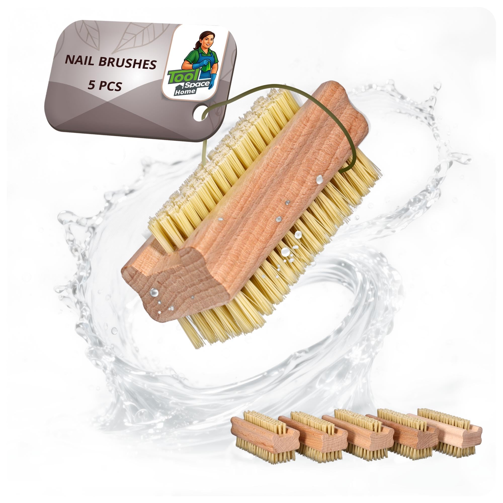 ToolSpace 5x Nail Brush - Double Sided - Wood Solid Strong Mix Agawa Tapica and Synthetic Bristles - Nail Cleaning Brush - Nail Hand Wash Finger Brush - Scrubbing Brush for Cleaning Dirt - Hand Brush