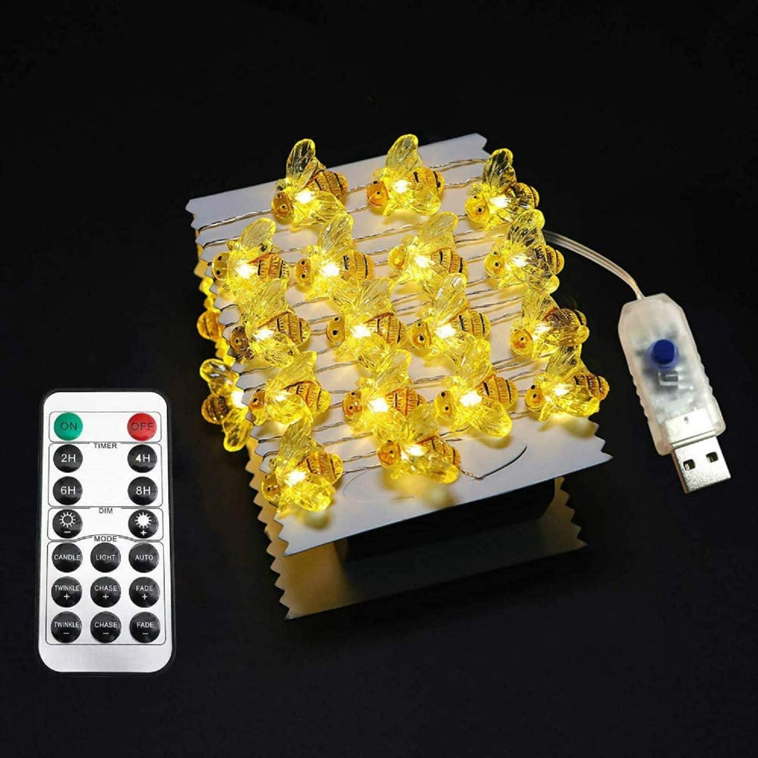 Riaxuebiy Crystal Honey Bee String Lights Fairy Starry Light 14ft 40 LED Decorative USB Powered 8 Modes Remote Timer for Bedroom Christmas Halloween (Honey bee, 40LED)