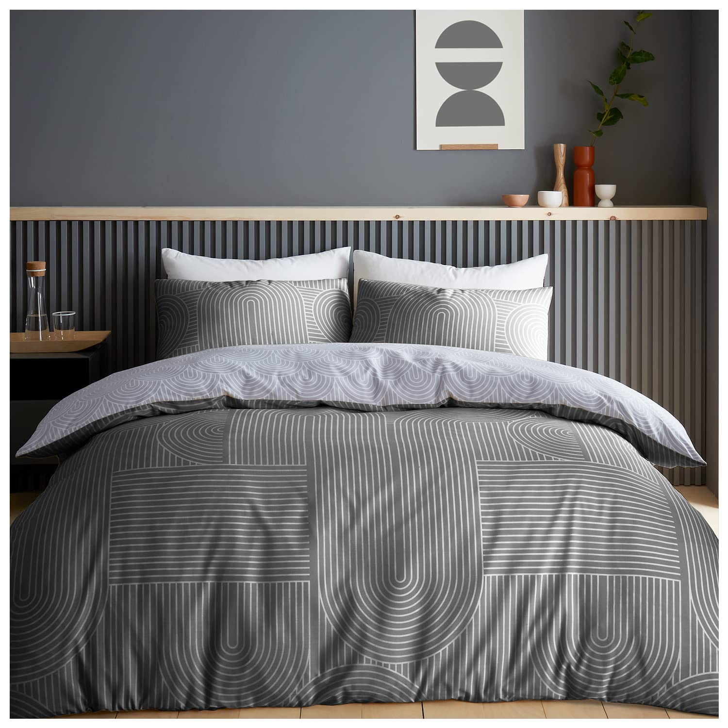 GC GAVENO CAVAILIA Striped Duvet Cover Single, Polycotton Printed Bedding Sets, Breathable Bed Covers, Charcoal