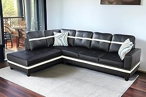 SIENWIEY L Shaped Sectional Sofa, 2 Piece Black Faux Leather Sofa Set for Room with Chaise (Black-3, Left Facing Chaise)