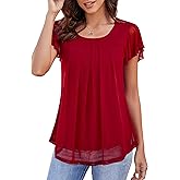 WANGZHI Womens Short Ruffle Sleeve Mesh Tunic Casual Crew Neck Pleated Tops Loose Flowy Blouse Summer Shirt 2025
