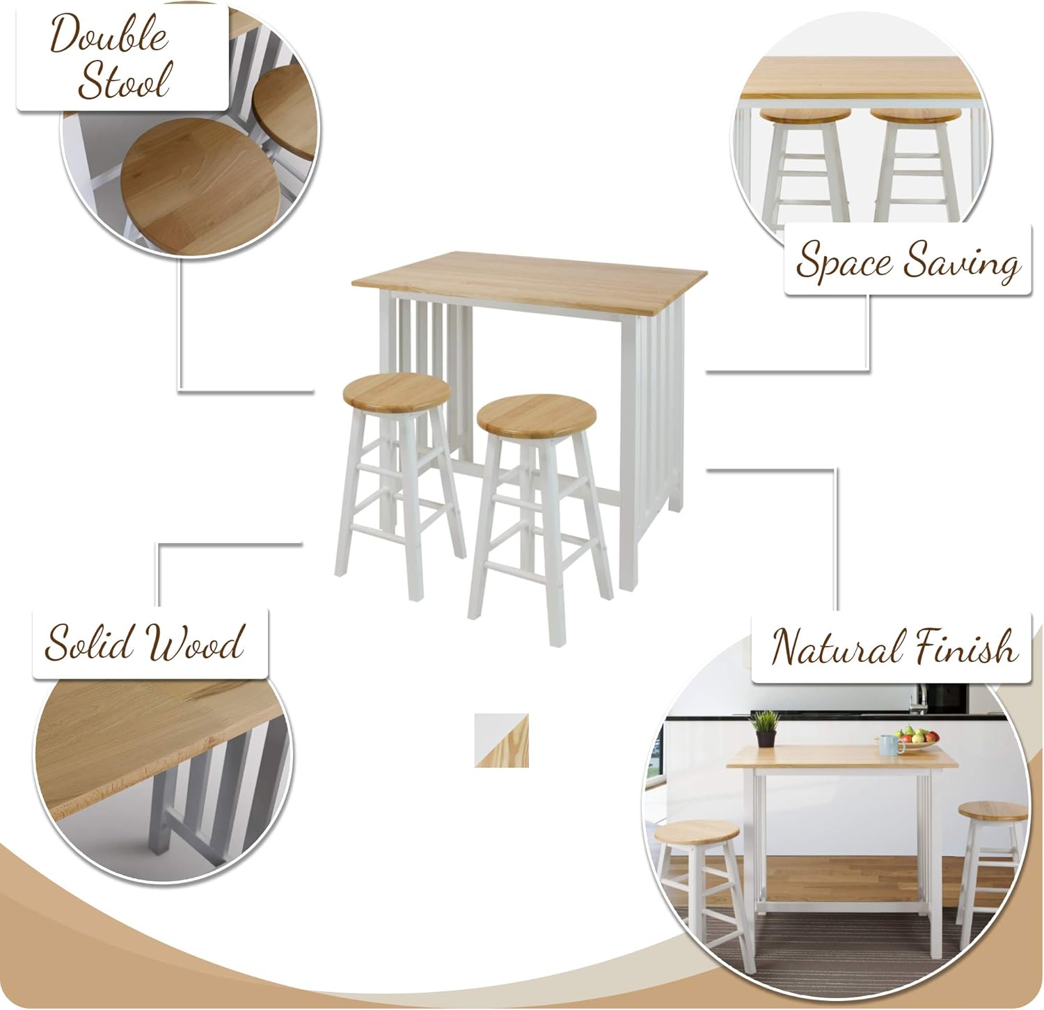 Casual Home 3-Piece Breakfast Set with Solid American Hardwood Top, White: Furniture & Decor