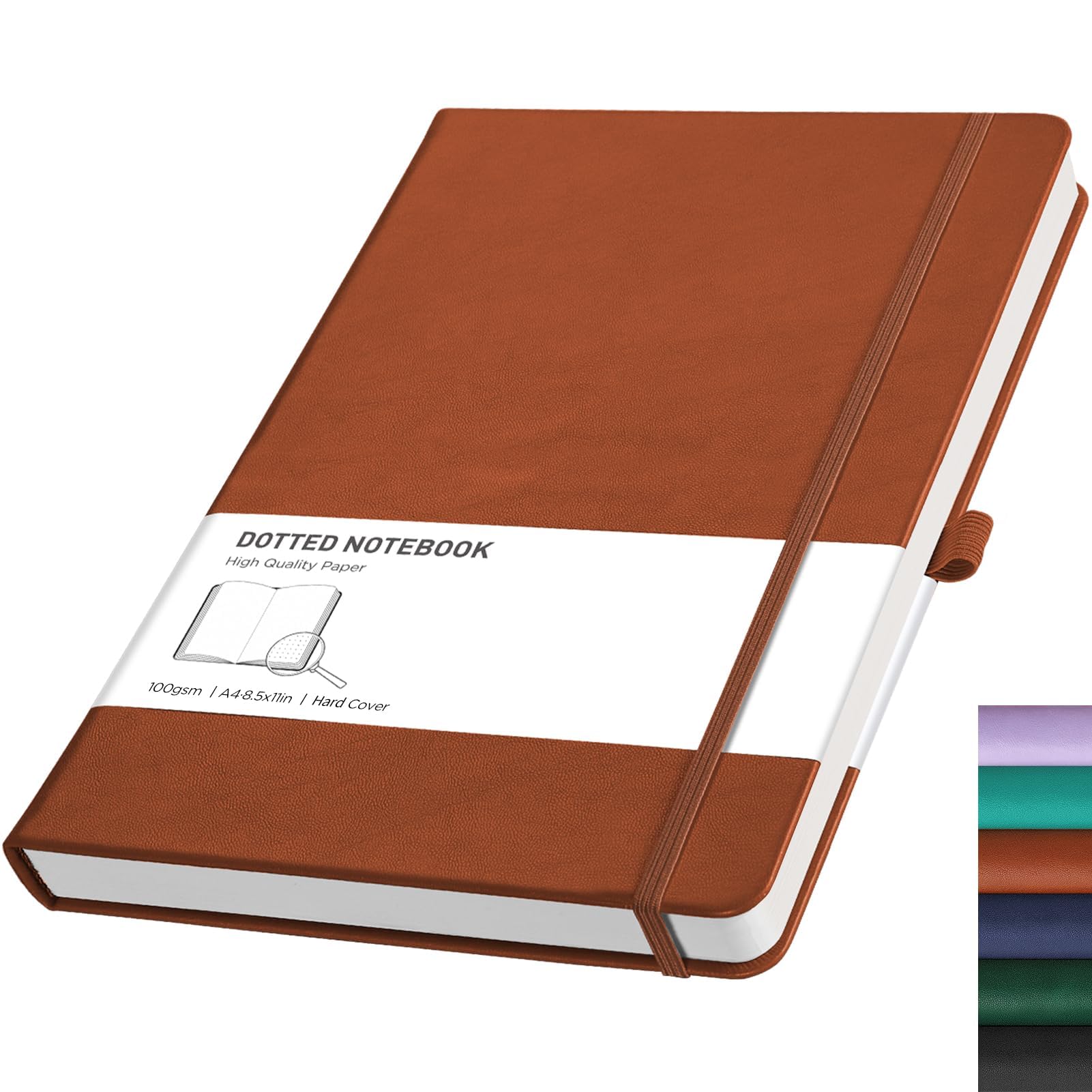 RETTACY Dotted A4 Notebook Journal -192 Pages Note Book for Bullet, Hardcover Leather Notepad with Pen Loop for Women Men Work Office School (21.5 x 27.9cm)-Brown