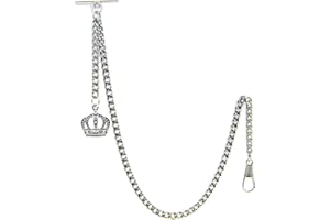 WATCHVSHOP Albert Chain Silver Color Pocket Watch Chains for Men with Crown Design Fob T Bar AC04