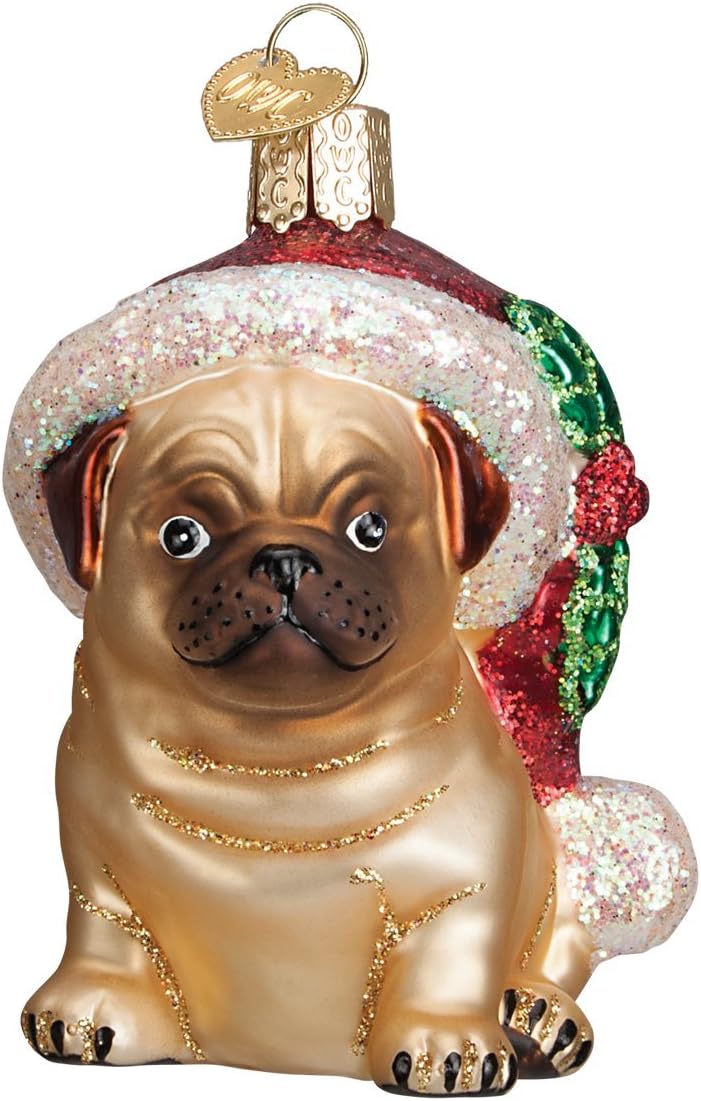 Ornaments - Old World Christmas Ornaments: Holly Hat Pug Glass Blown Ornaments for Christmas Tree (12430)
