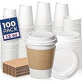 Fit Meal Prep 100 Pack 12 oz Disposable Coffee Cups with Lids, Sleeves, Leak-Proof To Go Coffee Cups with Lids, Durable Hot Paper Cups for Hot Cocoa and Coffee Bar Supplies