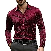 KISSQIQI Mens Dress Shirts Velvet Long Sleeve Shirts Casual Button Down Solid Slim Fit Muscle Shirt for Wedding Party
