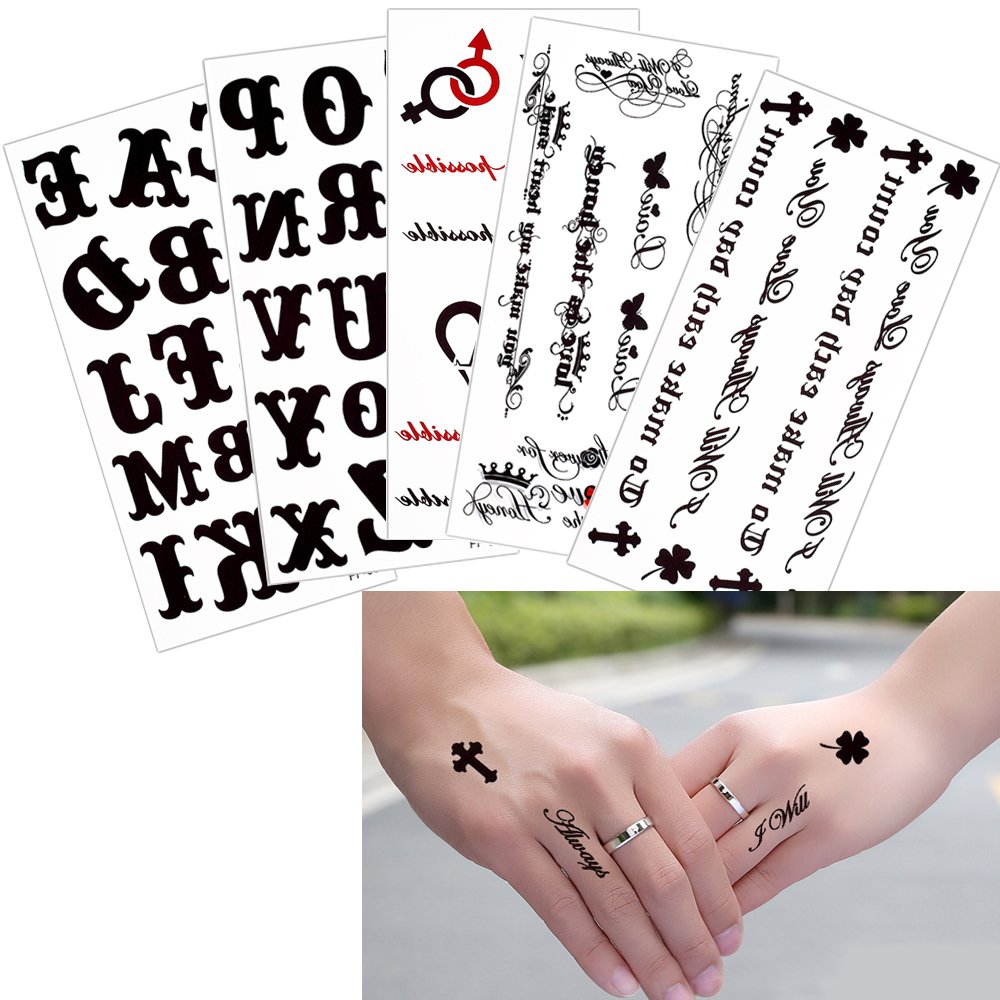 5 Sheets Letter Decal Temporary Body Finger Wrist Art for Women Men Fake Black Tattoo Sticker