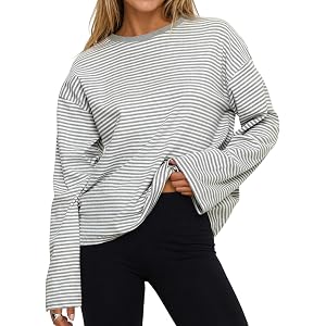 Flowyair Womens Oversized Striped Long Sleeve Shirts Crew Neck Cotton Tops | Trendy Loose Fit Fall Spring Drop Shoulder T Shi