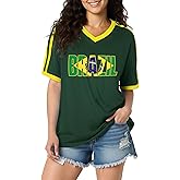 Brazil Shirt for Women Soccer Jersey Short Sleeve Shirts Brazil Jersey Contrast Binding V Neck Plus Tee Tops