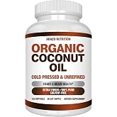 Arazo Nutrition Organic Coconut Oil 2000 MG Per Serving - 100% Extra Virgin Unrefined Cold Pressed for Weight Support, Skin, Hair, Nails - 120 Softgel Capsules