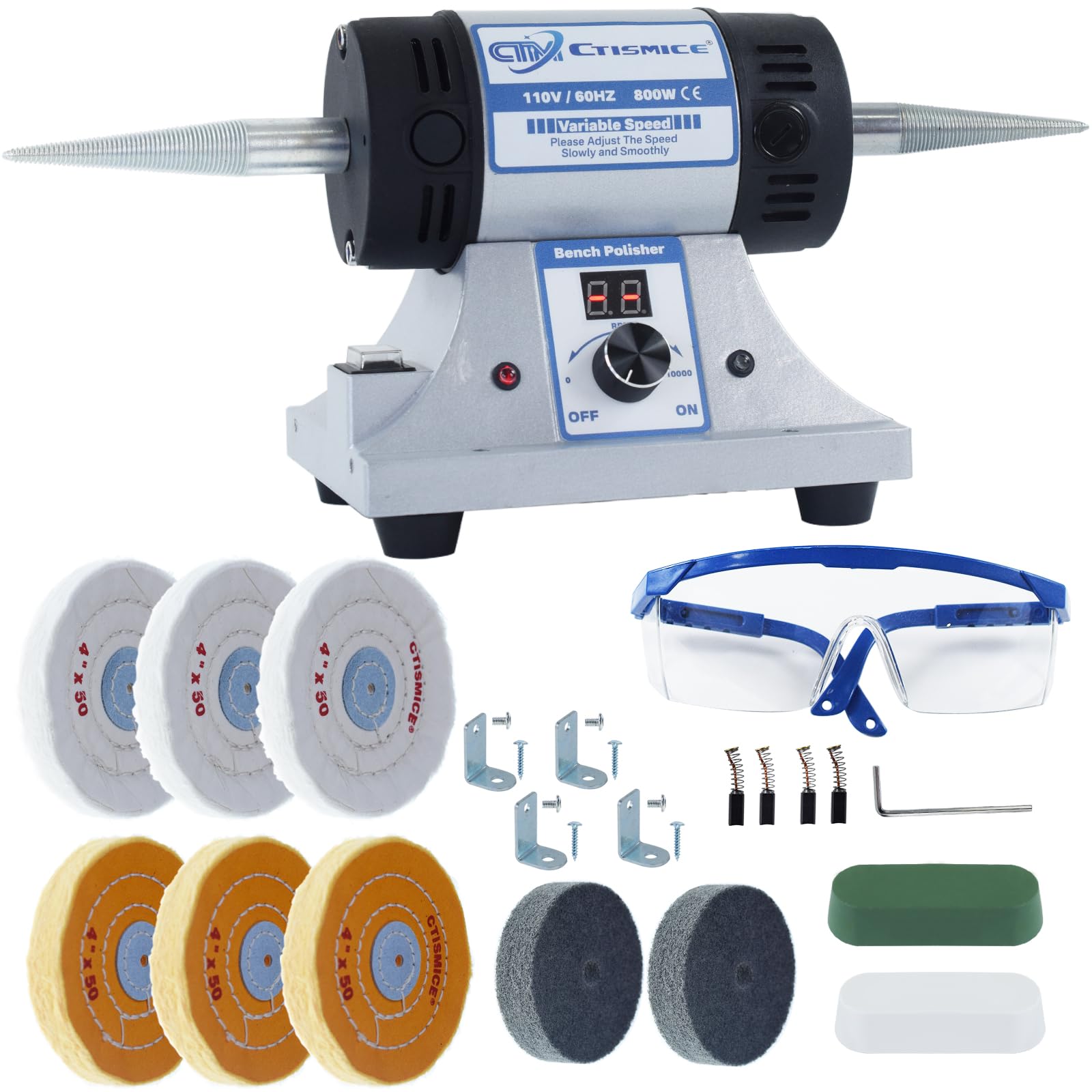 Photo 1 of CTISMICE 800W Jewelry Polisher with Speed Display Screen, Adjustable Variable Speed Bench Polishing Machine with 8pcs Buffing Wheels, 2pcs Polish Compound, Safety Glasses for Jewelry, Metal, Wood