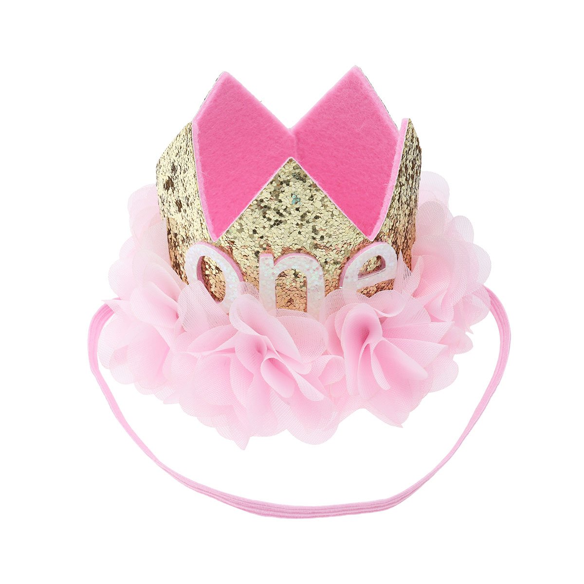 Lurrose Baby First Birthday Crown Headband Shiny Birthday Hat with Pink Chiffon Flower Decor