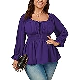 SHESTARR Womens Plus Size Tops Square Neck Long Sleeve Blouse Babydoll Ruffle Peplum Smocked Cute Top