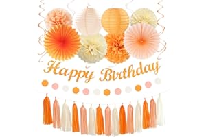 Orange-Peach Beige First Happy-Birthday Party-Decorations - 31pcs 20th Women Girls Bohemian Groovy Paper Lanterns Streamers Banner,Tissue Pom Poms Decor,Fall Boho Fans Tassels Graland Backdrop Hugmoon