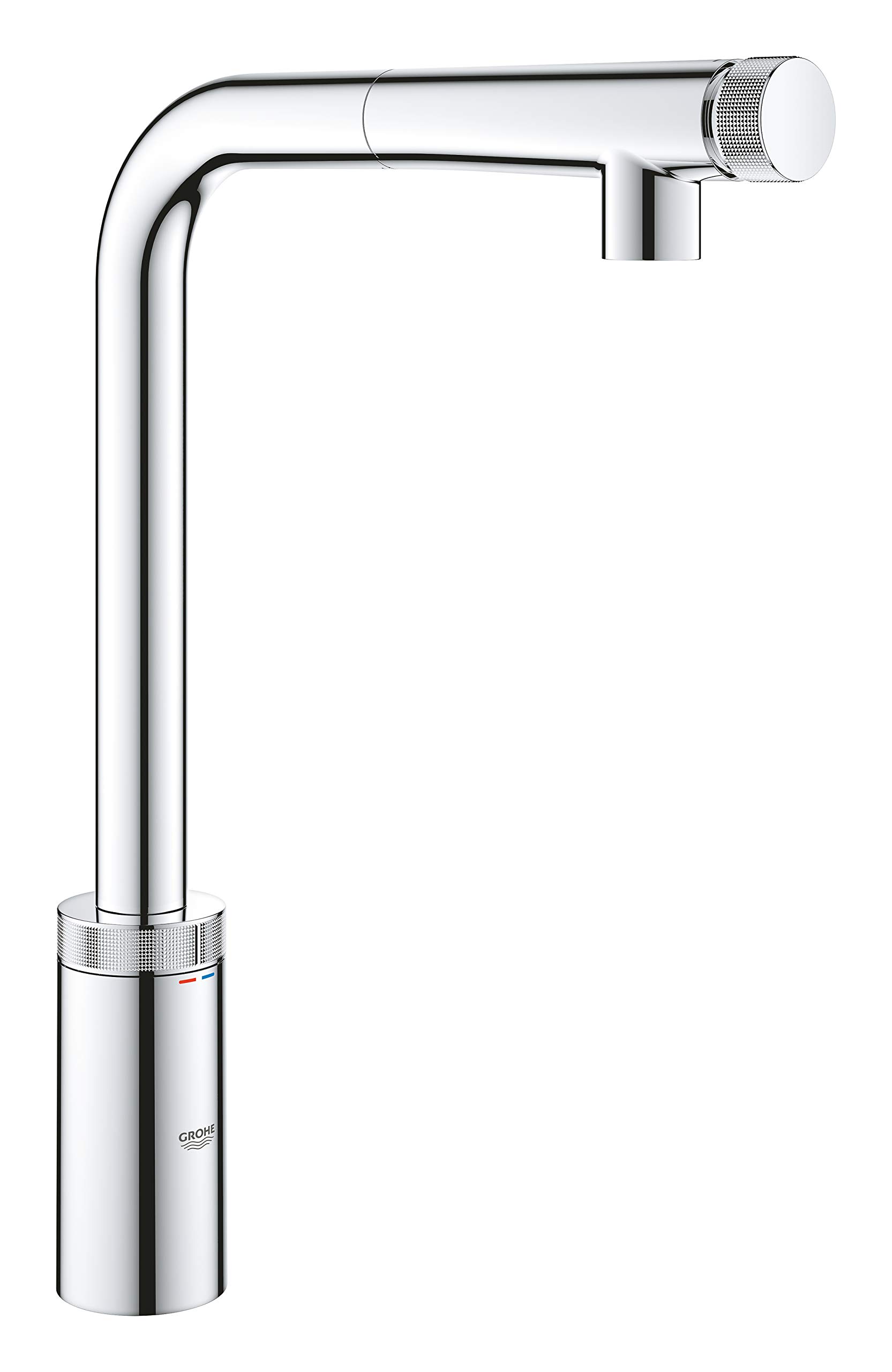 GROHE Minta SmartControl - Kitchen Tap with Pull-Out Spray Head (High L-Spout t, 140° Swivel Range, Metal Spray Magnetic Docking, Push for ON-OFF, Temperature Tuning, Tails 3/8 Inch), Chrome, 31613000