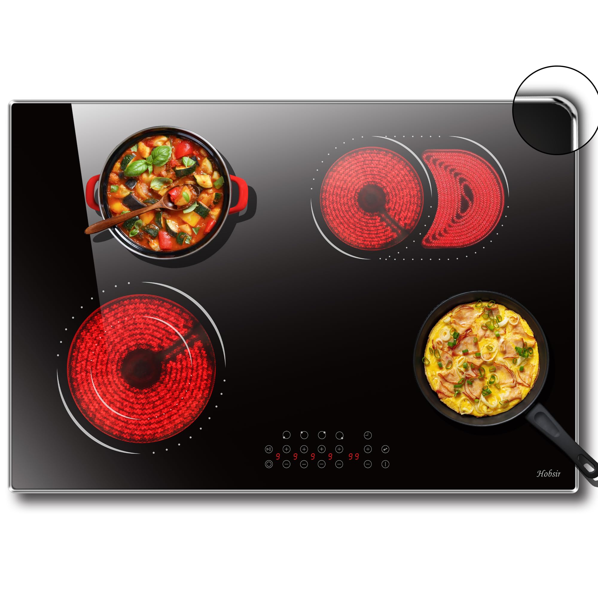 Hobsir 30 Inch Electric Cooktop, 4 Burners Cooktop, Electric Stove Top Burner, 6800W Drop-in Ceramic Stove Top with Glass Metal Frame, Timer, Safety Lock, 220-240V, Hard Wired (No Plug) Cooktops