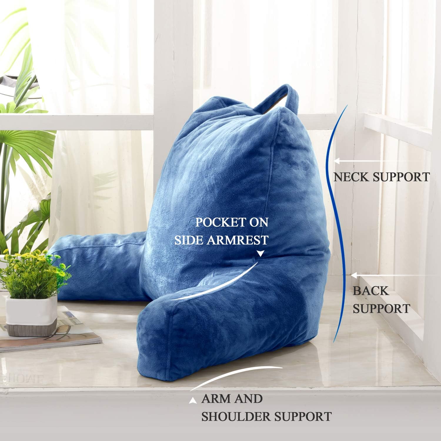 FASO Reading Pillow with Arms for Sitting in Bed，Adult Back Support for Bed with arms,Backrest Lounge Cushion with Pockets for Reading/Watching TV-18inch(Navy Blue): Kitchen & Dining