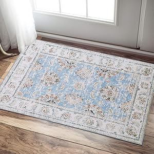 jinchan DoorLow Pile Mat Vintage Area Rug Elegant Kitchen Floral Floorcover Indoor Low Pile Mat Blue Living Room Bedroom 2'x 3'3