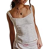 Women Summer Eyelet Cami Tops Y2k Sleeveless Scoop Neck Tank Top Wide Strap Slim Fit Going Out Crop Tops