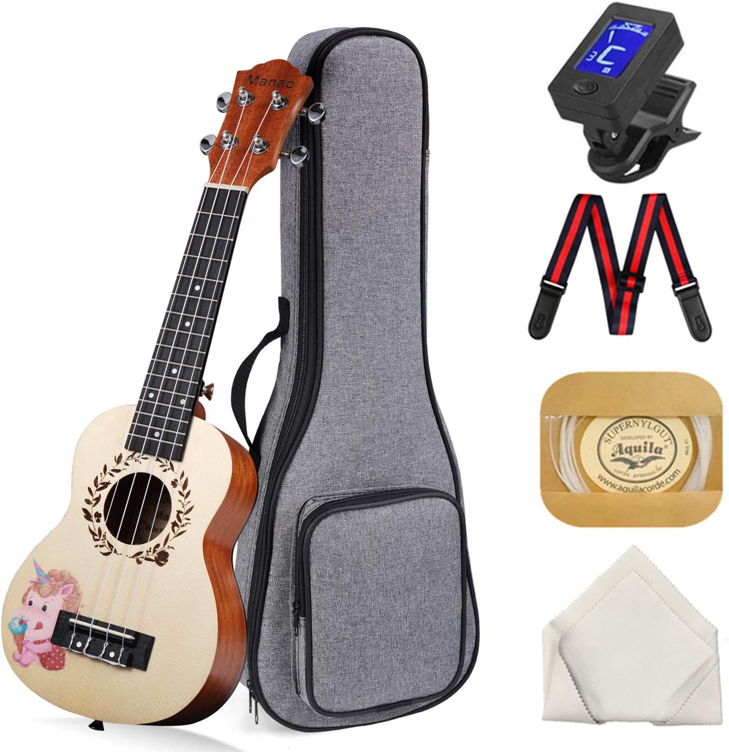 Ukuleles Mandolins Banjos Concert Ukulele Manao 23 Inch Grade Aaa Spruce Solid Top Cutaway Ukelele Beginners Kit Professional Ukele Unicorn Print Instrument Pack Bundle With Gig Bag Tuner Strap Aquila Strings