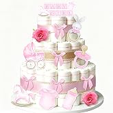 Baby Shower Diaper Cake Decorations Diaper Cake Supplies Baby Shower Decor | Pink Diaper Cake Kit for Baby Shower Ribbon Bow Tie Decorative Cards Artificial Flowers Not Included Diapers
