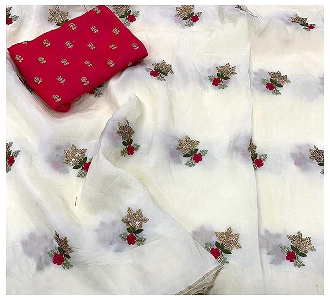 White Chanderi Cotton Sequance Embroidery Work Saree With Matching Blouse Piece