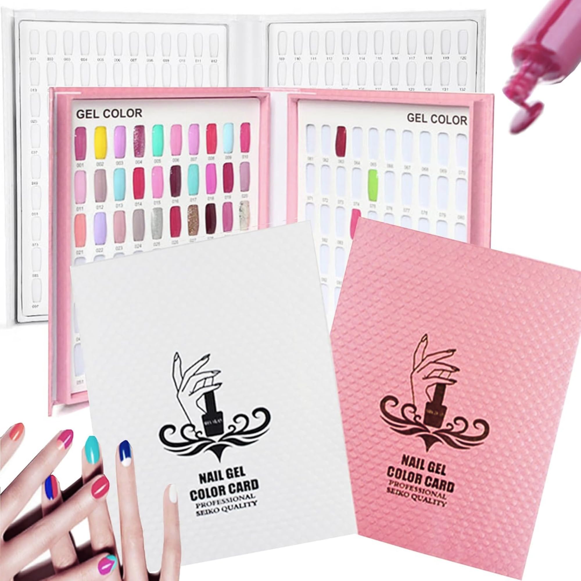SUQ 2pcs Nail Display Books, 216+120 Colors Nail Display Chart, Professional Salon Nail Color Swatches, Practice Card Design Board, for DIY Nail Polish/Color Card Board/Nail Salon (Nails not included)