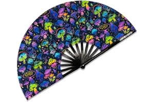 Ravevibes 13" Large Rave Fan Folding Hand Fan, Bamboo Festival Clack Fan Foldable UV Glow Edm Fans For Rave Outfits Accessories Performance Dance Party For Men Women, Mushrooms