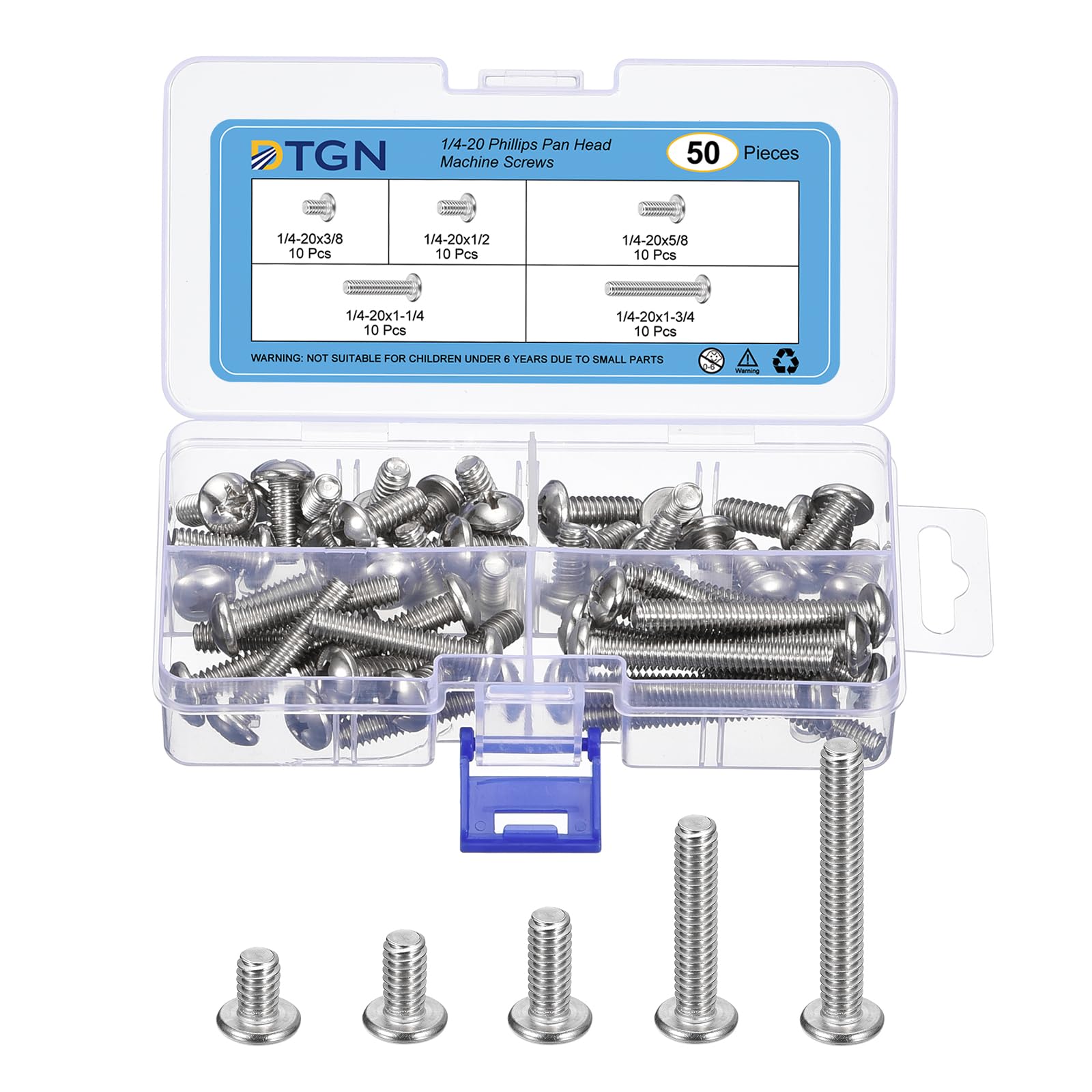 DTGN 50Pcs 1/4-20 Phillips Pan Head Machine Screws, 304 Stainless Steel 5/16", 1/2", 5/8", 3/4", 1" Screws Assortment Kit with Storage Case