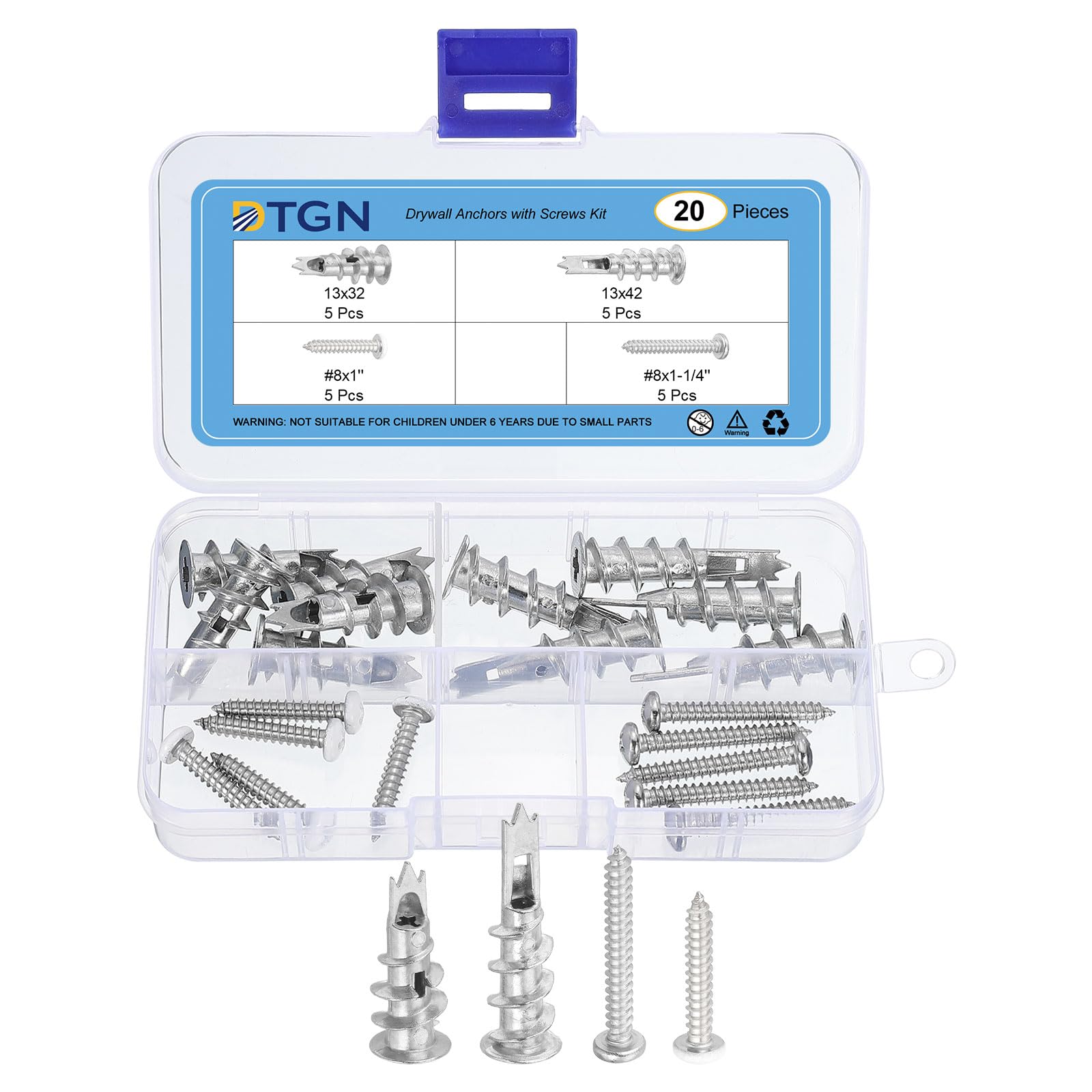 DTGN 13x32mm,13x42mm Self-Drilling Drywall Anchors with Screws Kit - 5 Set - Good for Concrete Tile Cement - Zinc Alloy Hollow Wall Anchors Set with Screws