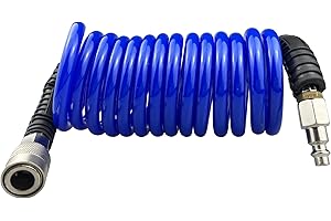 Darnassus Polyurethane Recoil Air Hose, 1/4" Inner Diameter,10 Feet Blue with Bend Restrictor and Industrial Quick Coupler and Plug