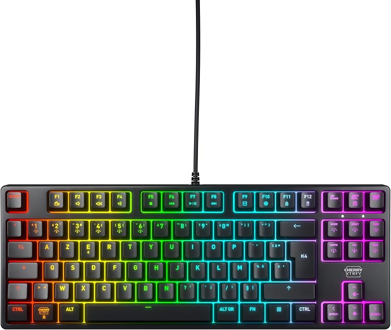 Cherry XTRFY K4V2 TKL, Clavier De Jeu Filaire sans Pavé Numérique, Disposition Française (AZERTY), Éclairage RGB, Commutateurs Mécaniques MX2A Red, Noir