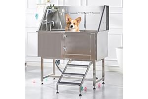 Albott 50 Inch Stainless Steel Dog Washing Station with Non-Slip Steps, Sprayer, Faucet, Soap Box – Professional Pet Bathtub for Small and Medium Pets, Use at Home, Garage, or Grooming (Right Door)