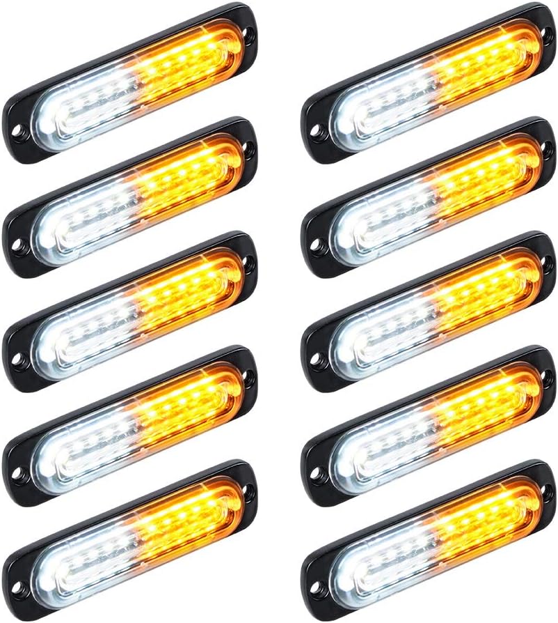 Universal Super Bright Car Truck Warning Hazard Caution Emergency Construction Beacon Flash Strobe Light Bar (10-LED, White Amber, 10Pcs)