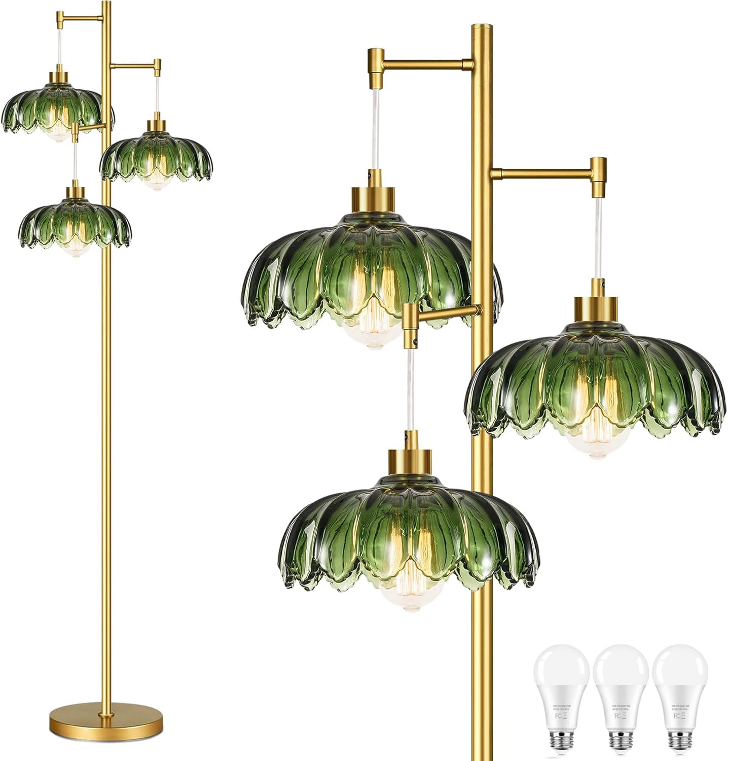 Photo 1 of ILLMTW Glass Gold Floor Lamp for Living Room,Bedroom,Mid Century Modern Standing Lamp Brass Tree 3 Light Tall Floor Lamps Vintage Retro Floor Lights Green Flower Lamp Shade Farmhouse Boho Bohemian