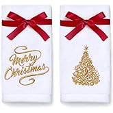 NEWLIGHTURE Christmas Hand Towels 2 Pack 100% Cotton Golden Christmas Tree Embroidery Towels for Bathroom & Kitchen Decor, Holiday Hand Towels with Detachable Red Bow for Christmas Decor