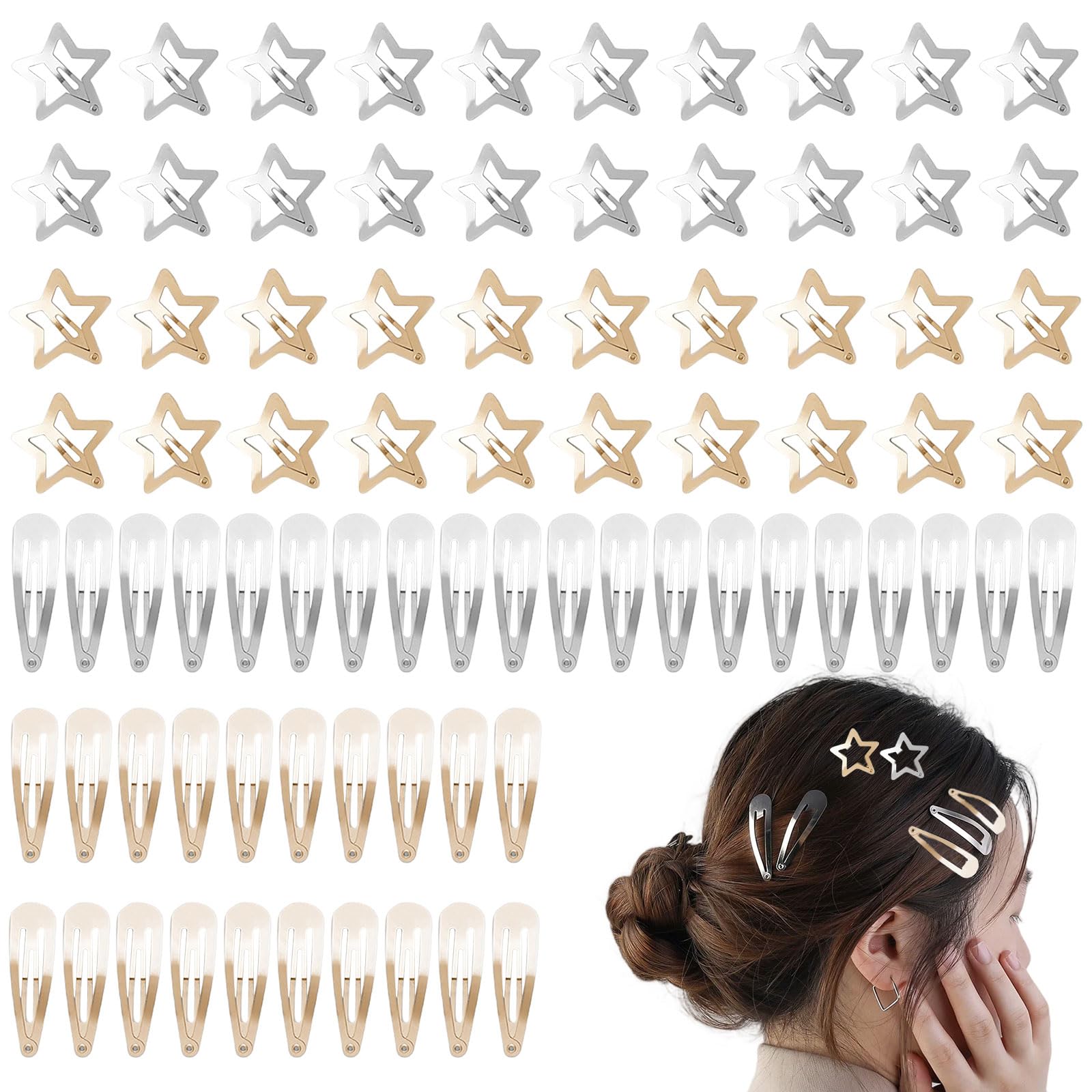 Snap Hair Clips, 80 Pcs Star Hair Clips Non-Slip Metal Hair Clip Barrettes BB Hairpin Y2K Hair Accessories for Children Women Girls (Silver+Gold)