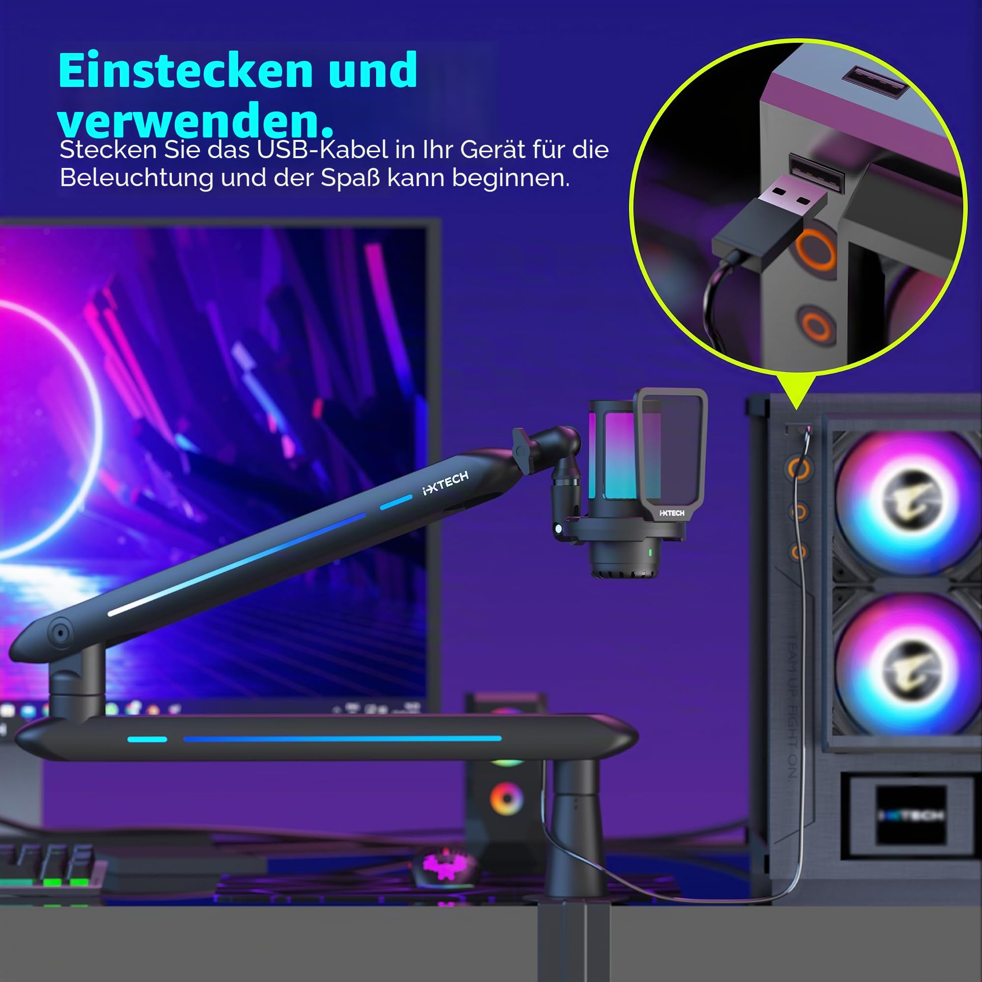 IXTECH RGB Low Profile Galgenarm für Mikrofon, verstellbarer Mikrofonarmständer mit Tischhalterungsklemme, drehbarer Mikrofonarm Mikrofonständer mit Kabelmanagement für Podcast-Streaming, 8