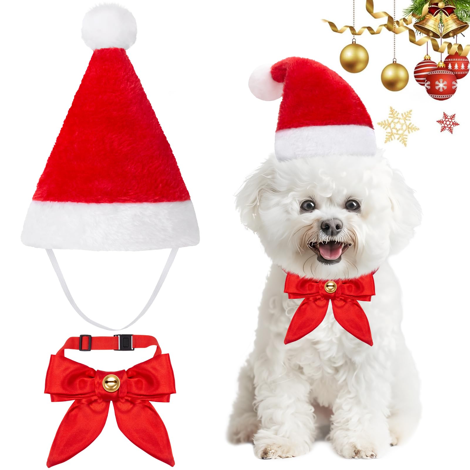 MELLIEX 2 Pcs Pet Christmas Outfit, Christmas Dog Cat Santa Hat and Bow Tie Set Adjustable Christmas Pet Costumes Cosplay Accessory โ image 1