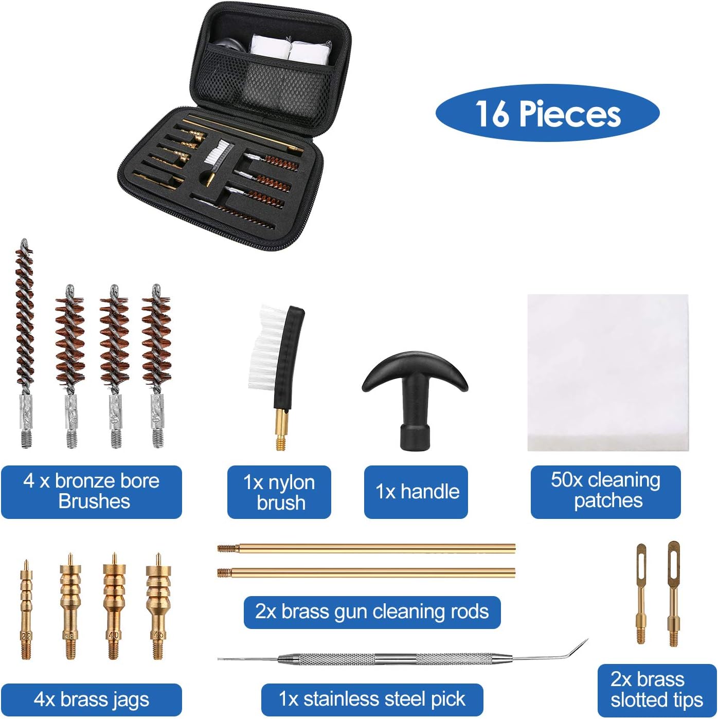 ProCase Universal Handgun Cleaning Kit for .22 .357 .38, 9mm .40 .45 Caliber Pistol, Zippered Compact Case with Brass Brush, Jag, Slotted Tip, Cleaning Pick, Cleaning Rod and Cleaning Patches –Black: Computers & Accessories