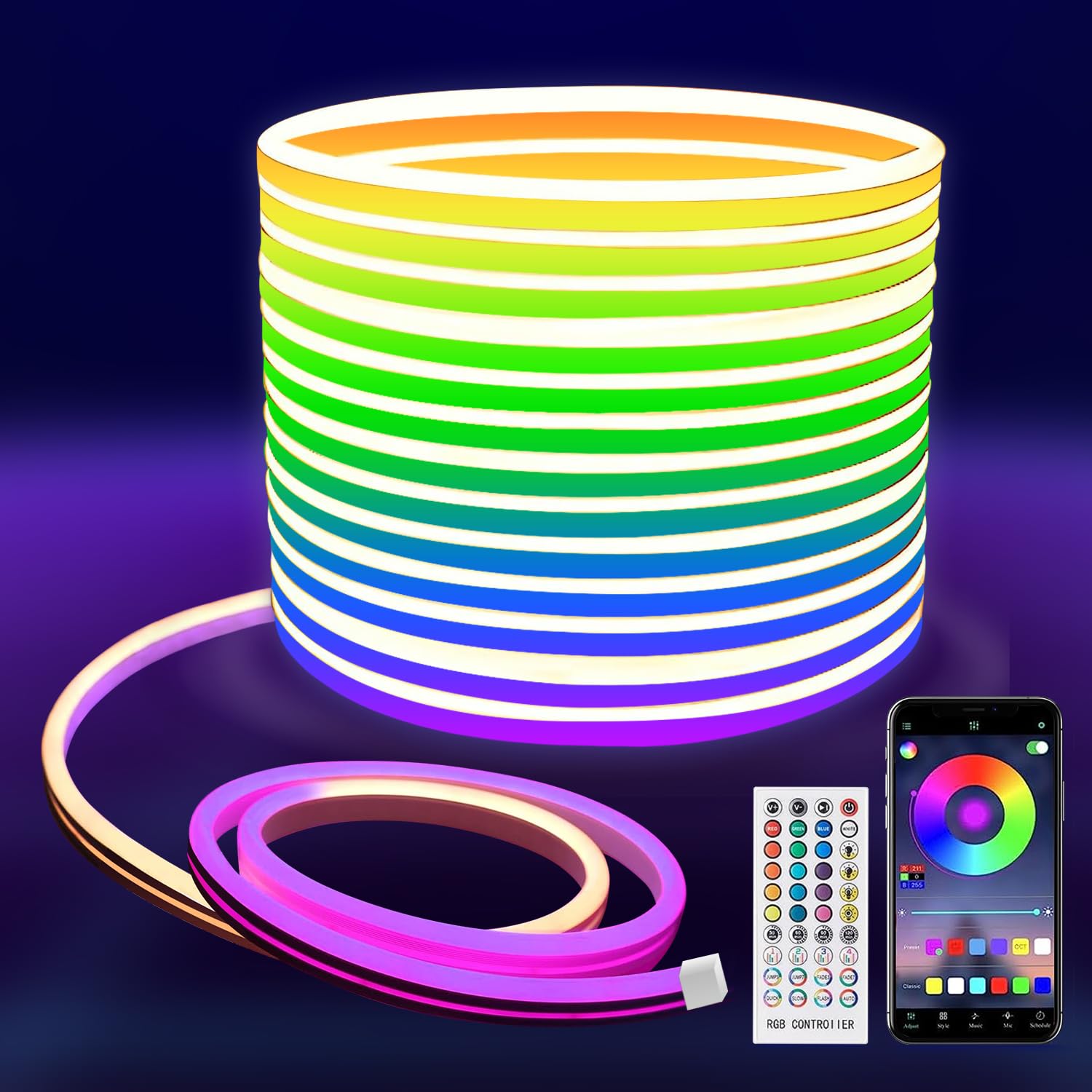 MMEEVT 10m neon led Strip，APP Control, with Remote Control, IP67 Waterproof Flexible LED Strip, 24V RGB LED Band neon Rope Light, Applicable to Bedroom, Room and Outdoor Decoration