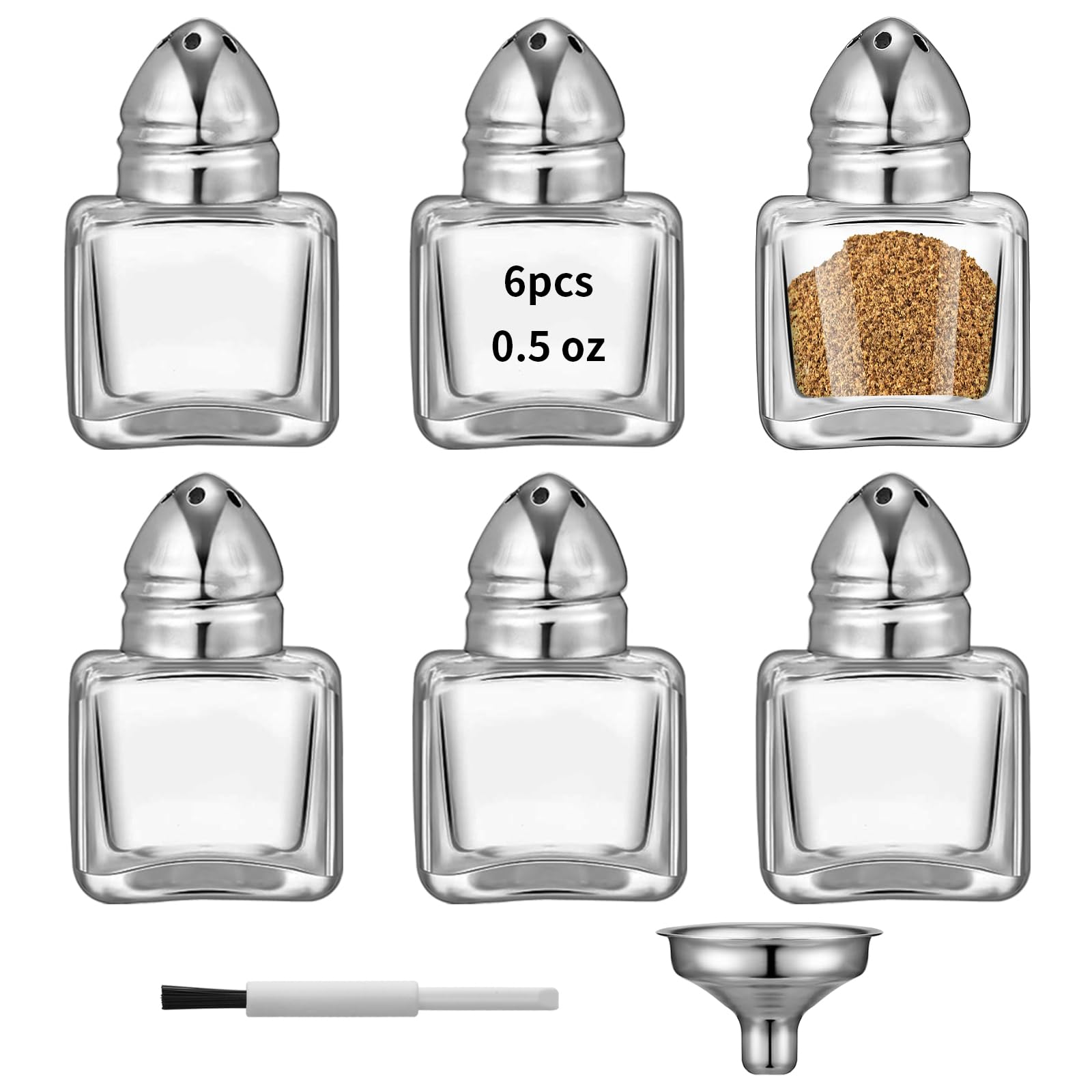 Photo 1 of 0.5 oz Cube Shape Small Salt and Pepper Shakers with Tone Tops Clear Mini Glass Seasoning Jars Spice Salt Shakers with Funnel for Wedding Party Restaurant Home Kitchen (6, Silver)