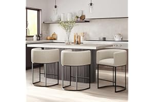 KRAMZMING Counter Height Bar Stools Set of 3, 24 Inch Seat Height Barstools for Dining Room, Fabric Upholstered Bar Chair for Kitchen Island, Linen Counter Stools with Metal Legs, Beige