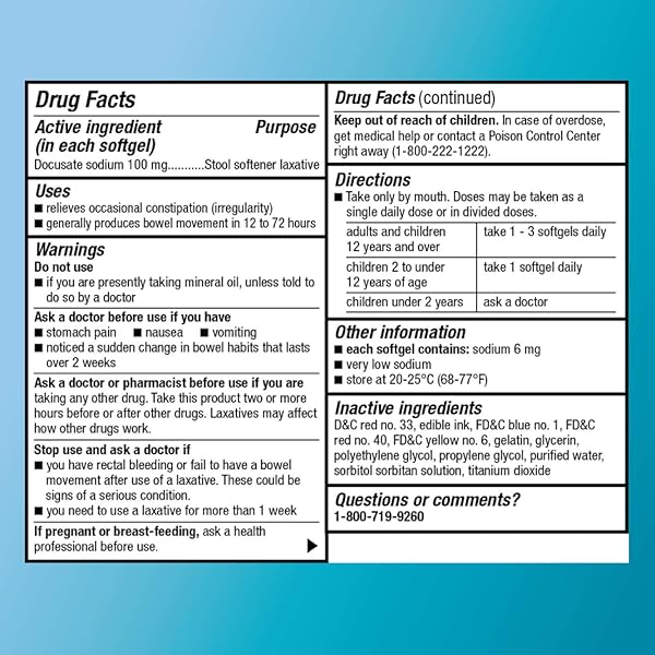 AMAZON BASIC CARE STOOL SOFTENER LAXATIVE, DOCUSATE SODIUM 100 MG, SOFTGELS, FOR CONSTIPATION RELIEF, 100 COUNT