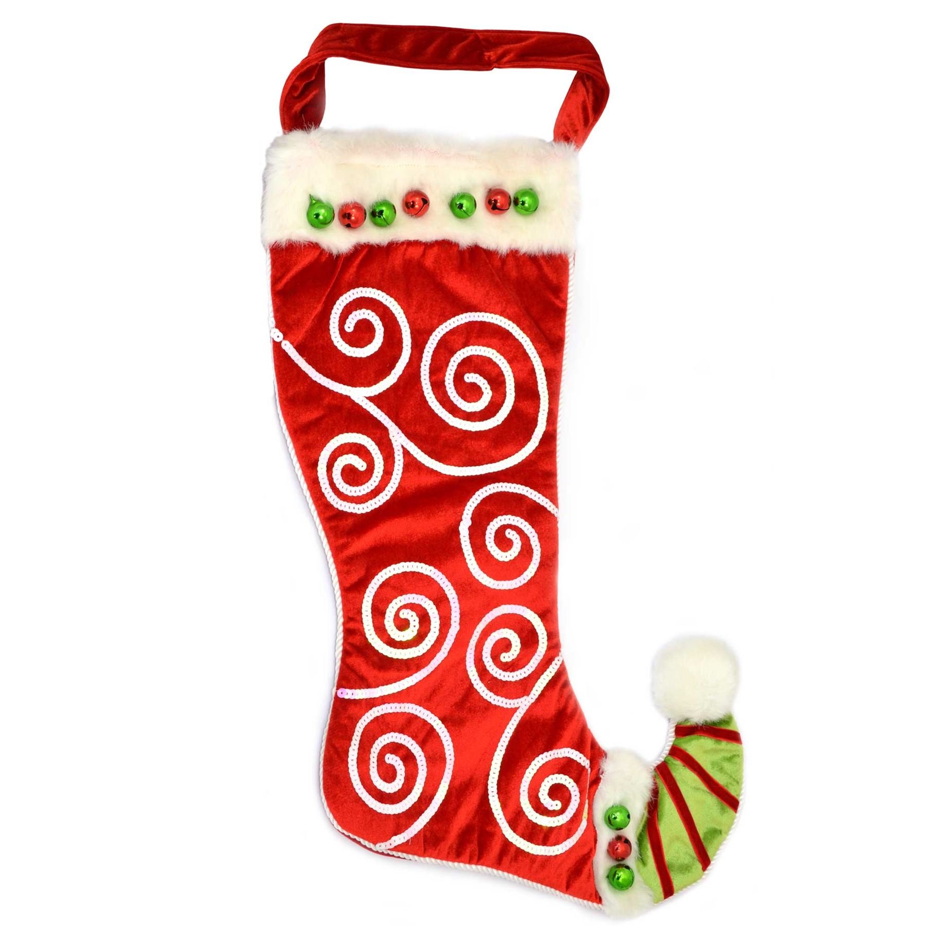 Traditional Deluxe Christmas Santa Stocking Elf Sack Sock Gifts Bag with Long Handle -Glitz Dots and Fur 60cm Long Red
