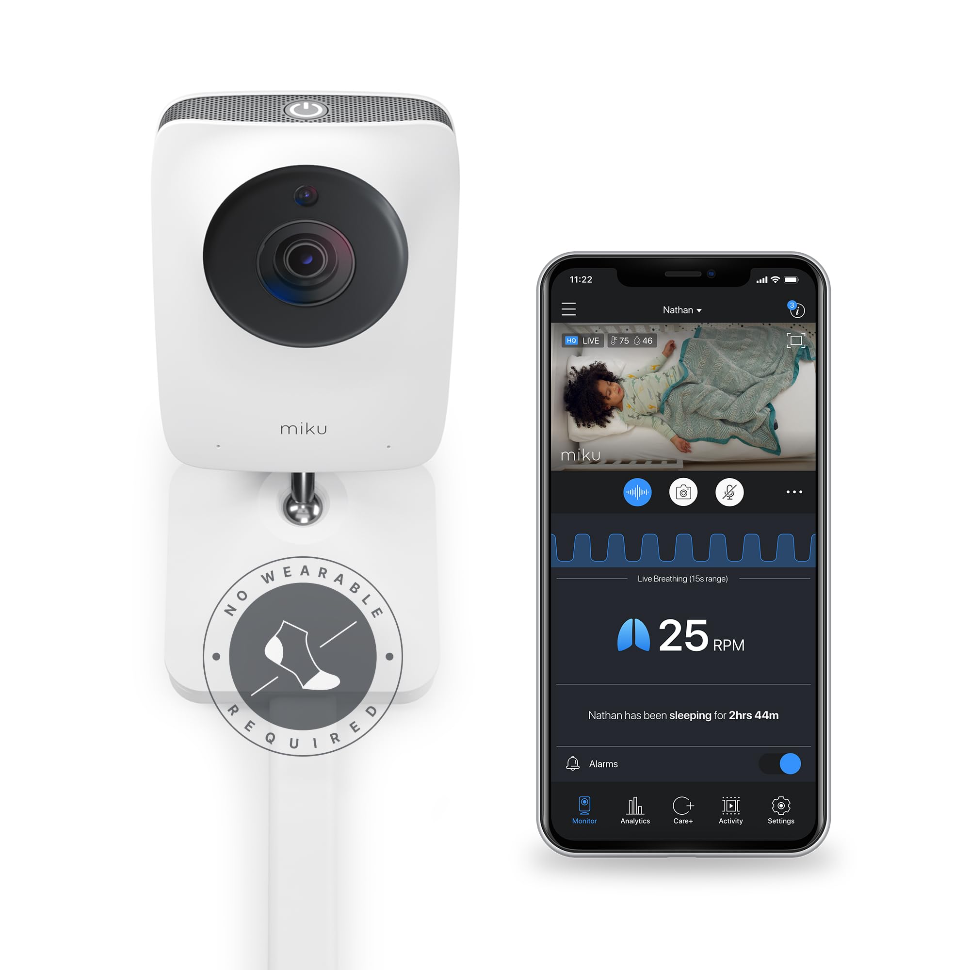 Photo 1 of Miku Pro Smart Baby Monitor with Camera, Track Live Breathing with No Wearable, Real-Time Alerts, Sleep Analytics, 1080p Wi-Fi Video, Night Vision, and 2-Way Audio, Wall Mount Included